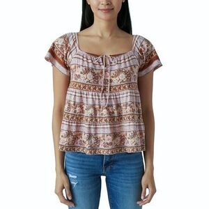 NWT Lucky Brand Tie Neck Short Sleeves Pullover Top Pink Brown Floral Women Sz M